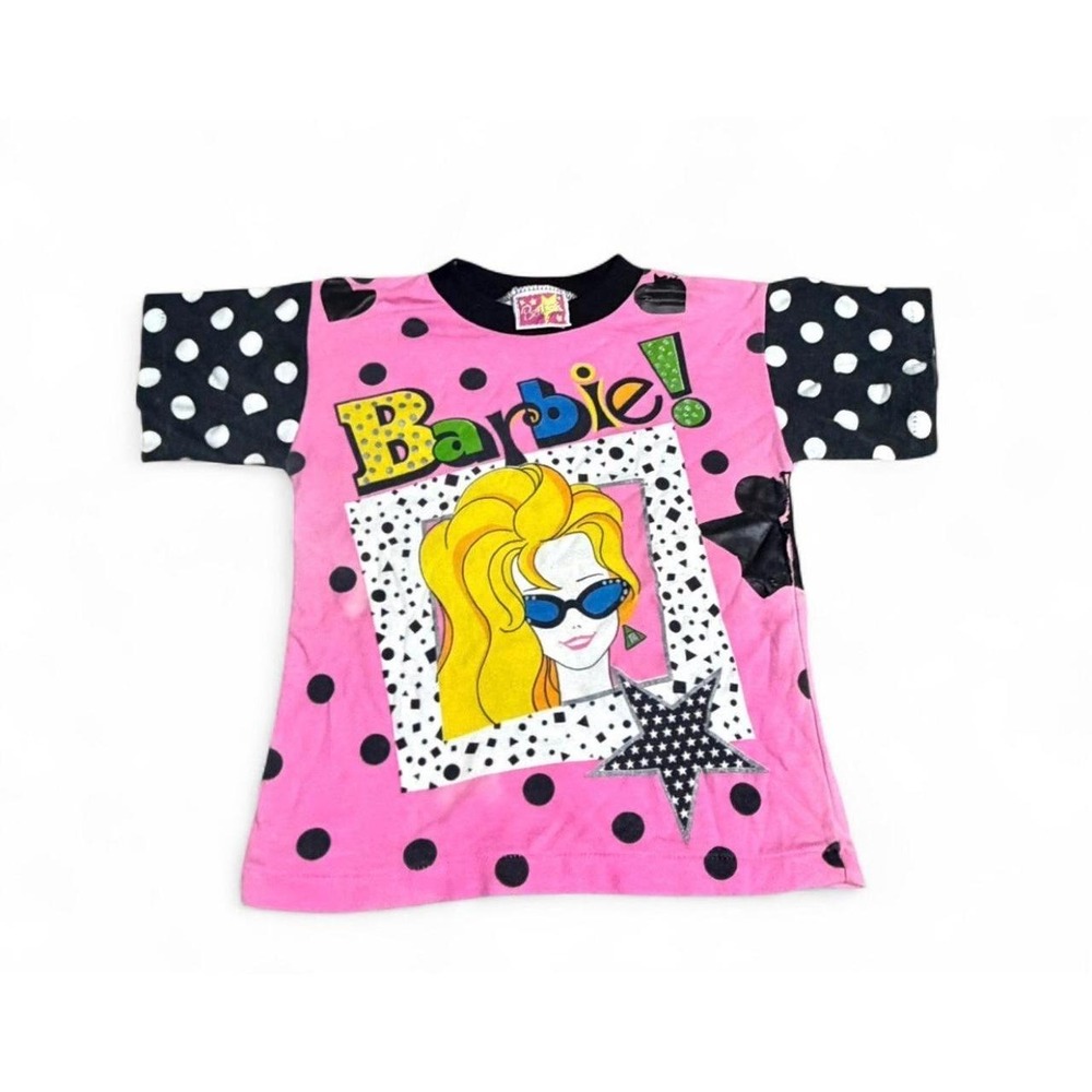 Vintage Barbie Girls Shirt Size 5/6 Pink Polka Dot 90s Graphic Tee Mattel